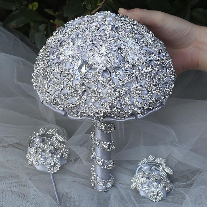 DOTKV Elegant Silver Grey Wedding Bouquets for Bride - Crystal Rhinestone & Pearl Decorated Round Bridal Bouquets, Sparkling Handheld Flower Arrangement for Wedding Ceremony (Silver+Gray) - Image 4